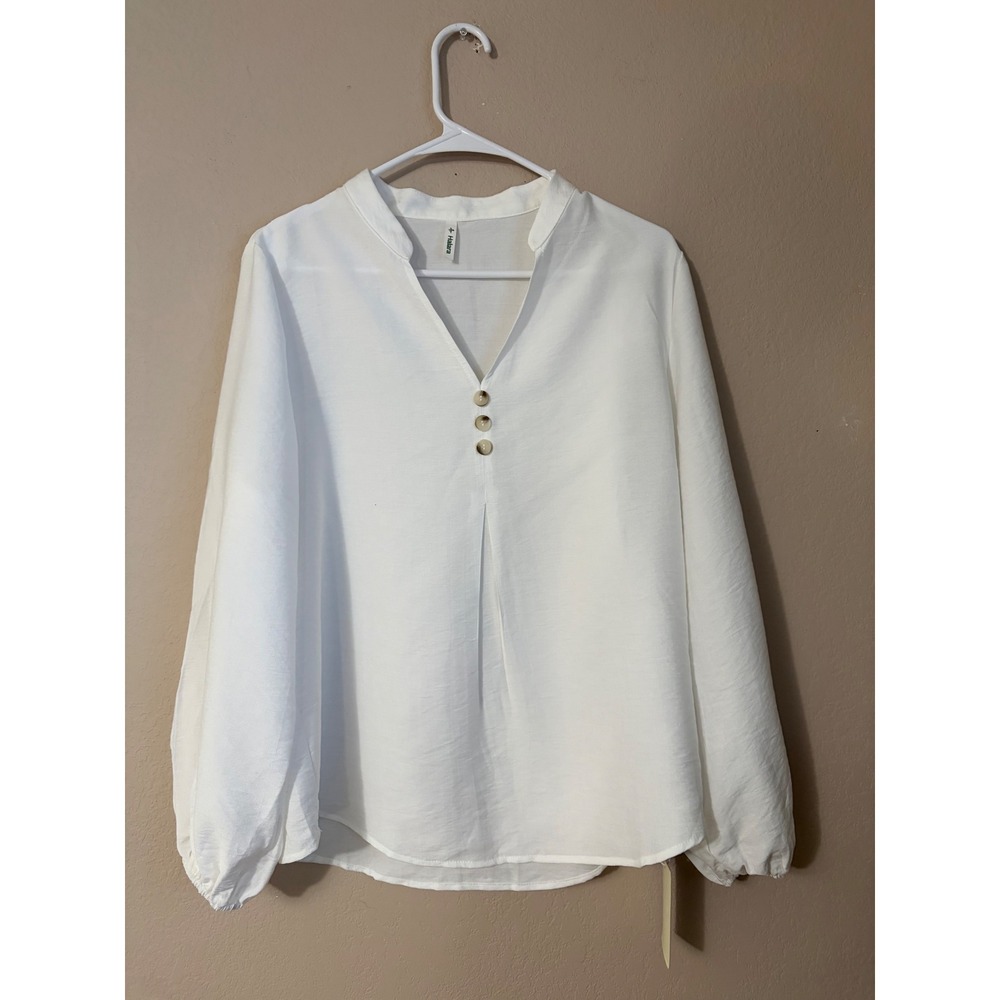 Halaraโ White Long Sleeve Split Neck Button Front Pleated Blouse Top Womens M